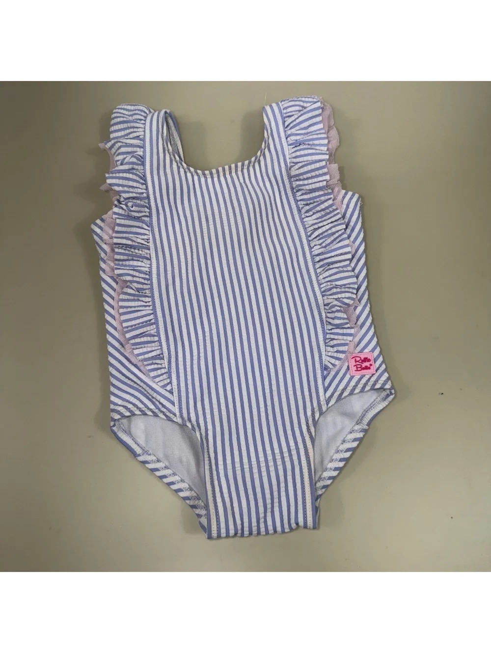RuffleButts Girls 6-12M Blue Seersucker Ruffle Swimsuit